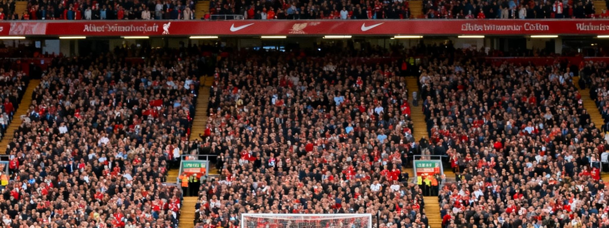 高清直播画面：安菲尔德球场座无虚席，大屏幕显示500比分实时赛况，利物浦 vs 曼城正在进行