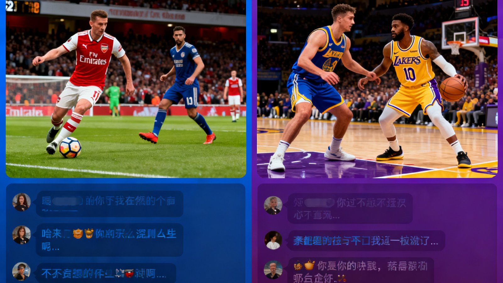 多画面直播界面，左侧阿森纳vs拜仁，右侧湖人vs勇士，底部实时聊天滚动